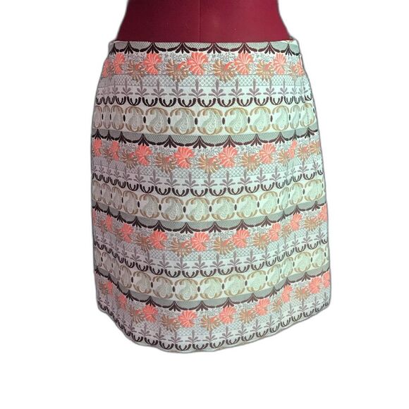 LOFT Pencil Skirt Women's Size 6 Cream Metallic & Pink Scroll Pattern Jacquard - Picture 2 of 6